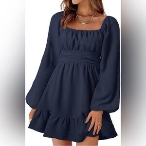 Women’s Lantern Sleeve Square Neck Tie Backless Ruffle Elastic Waist Dress Large